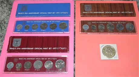 1977, 1975, 1973 Israel Anniversary Mint Coin Sets, Israel Orphans Home Medal