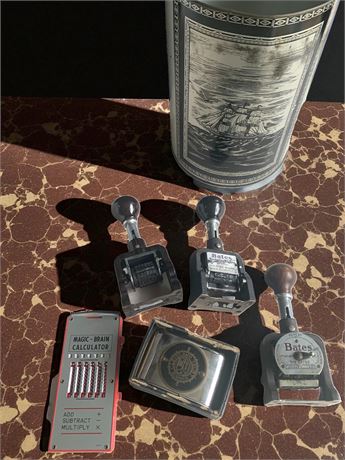 Bates Stampers, Coin Bank, Cleveland Trust Banks Lighter, Magic Brain Calculator