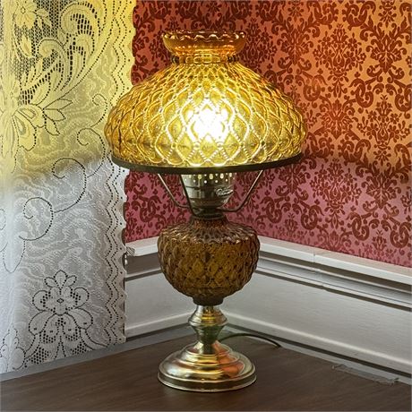 Vintage Quilted Amber Glass Hurricane Lamp