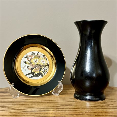 Vintage Black Ceramic Vase and Japanese Chokin Art Plate