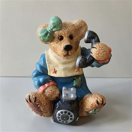 Boyds Bears Bearware Pottery Cookie Jar Blue Telephone Tied Bear W/Box
