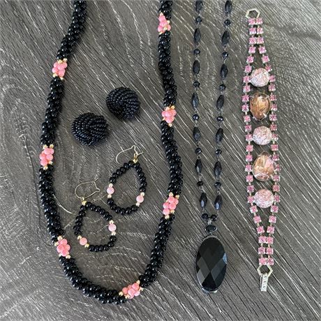 Vintage Black and Pink Glass Beaded and Rhinestone Jewelry