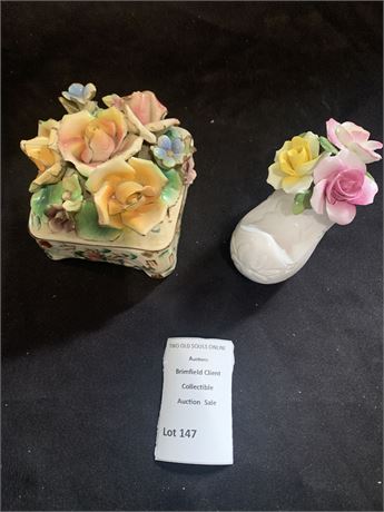 Capodimonte Style Porcelain Trinket/Jewelry Box & Clog/Shoe Bouquet
