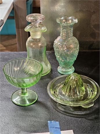 Depression Glass Green Uranium Juicer / Vase / Oil&Vinegar + More