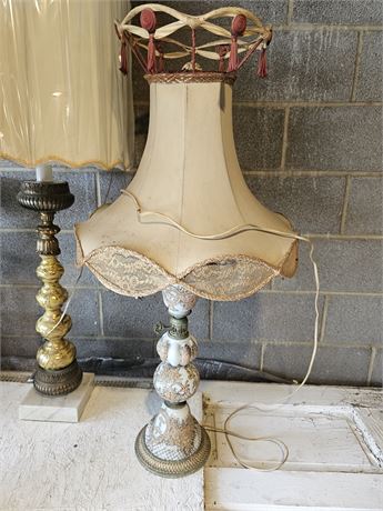 Milk Glass Hand Painted Lamp with Cloth & Lace Shade