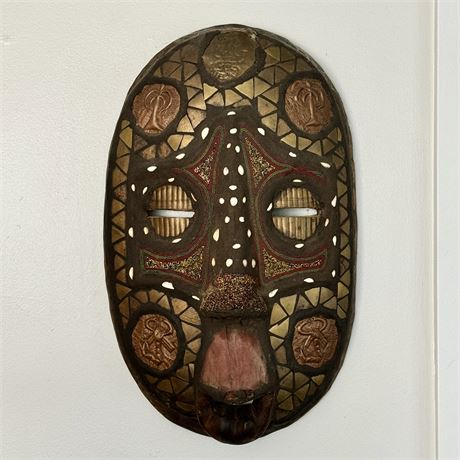 Old African Carved Wood Tribal Mask w/ Cowrie Shells, Copper and Brass