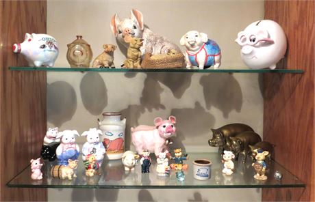 2 Shelves Of Pig Figurines