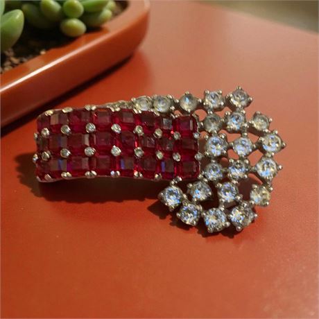 Jomaz Waterfall Pot Metal Rhinestone Brooch W/Red & Clear Rhinestones