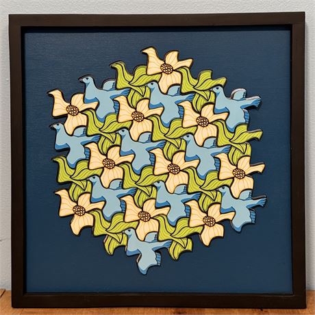 Original Signed Jeff Thruston Dogwood & Bluebird Wood Puzzle Wall Art - 13 x 13"