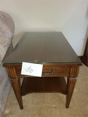 Wood End Table with Drawer & Glass Protective Top