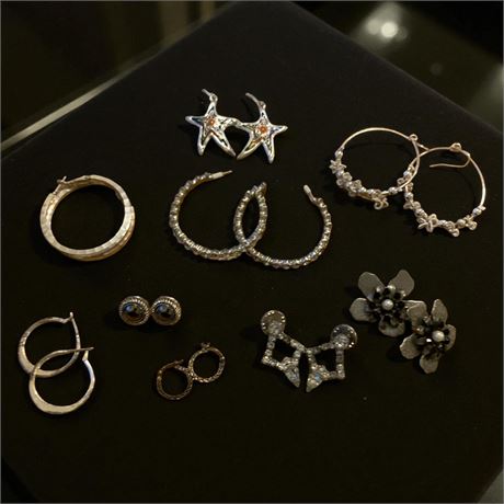 Hammered Silver Metal Hoop Earrings. Large Silver Rhinestone Hoop Earrings