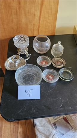 Mixed Clear Glass Lot- Flamingo & MGM Ashtrays, Fishbowl Vase & More