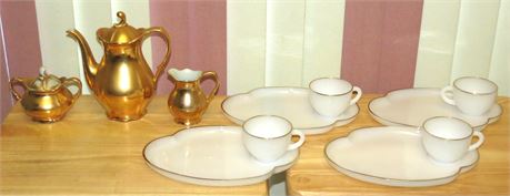 Vintage Milkglass W / Gold Rim Snack Plates, Gold Tea set