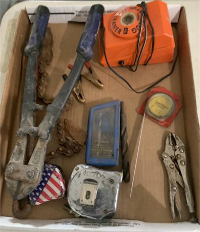 Vintage Tool Lot - Bolt Cutters, Drill Bit Set, Locking Pliers, Tape Measure