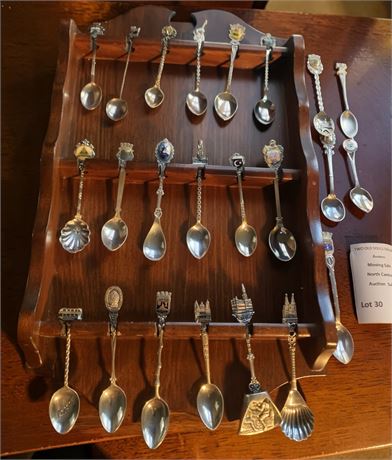 Souvenir Spoons In Wooden Wall-Mount Display Rack