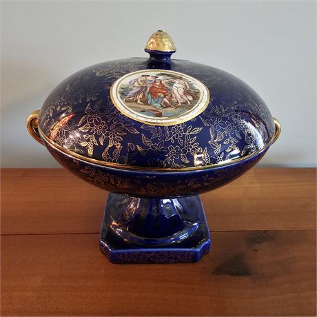 Empire Ware Cobalt Blue & Gold Pedestal Candy Dish w/Lid