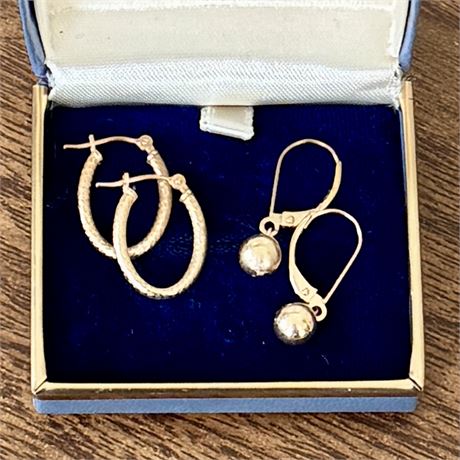 2 Pairs 14k Gold Earrings - Petite Diamond Cut Hoops and Dangle Ball - 1.34g