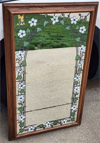 Stained Glass, Wood Framed Floral Mirror