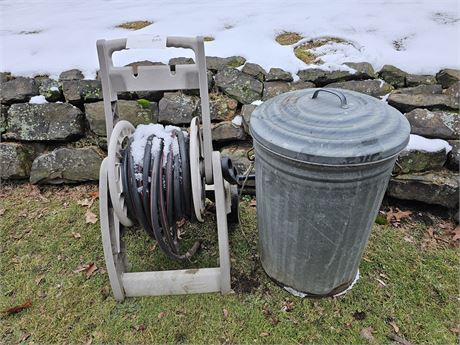 50' Garden Hose & Reel + Galvanized Trash Can