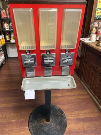 Red Triple Candy Vending or Gumball Machine Dispenser on Metal Pedestal Stand