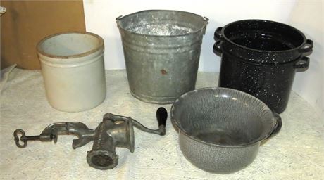 Mixed Lot: Crock, Double Boiler, Bucket, Grinder