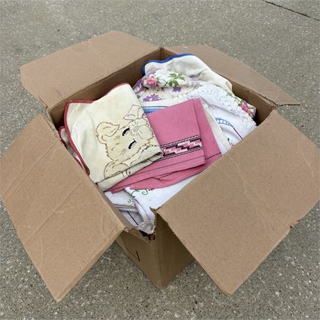 Box of Unsorted Vintage and Antique Linens