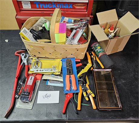 Mixed Tool & Hardware Lot: Oil, Wire Strippers, Crowbar, & More