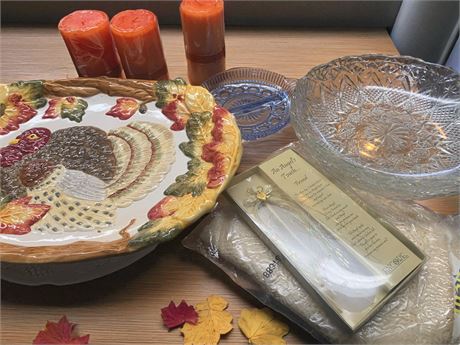 Ceramic Thanksgiving Turkey Platter, Indiana Glass Windsor Blue Divided Dish