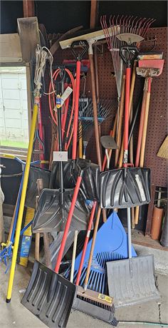 Large Yard Tool Cleanout: Snow Shovels/Tree Trimmer/Shop Broom/Rakes & More