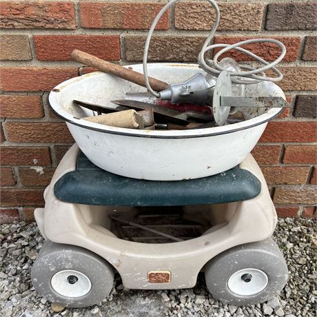 Step 2 Garden Hopper and Basin Filled with Old Garden Tools