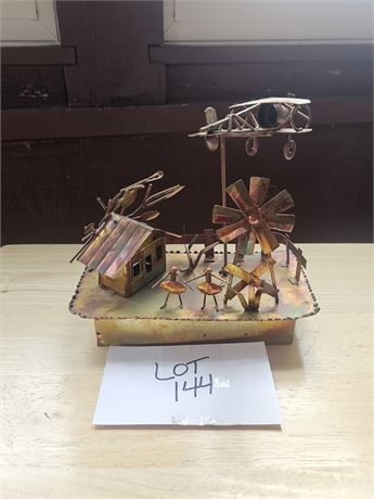 Vintage Copper Tin Music Box Kinetic Sculpture - Airplane