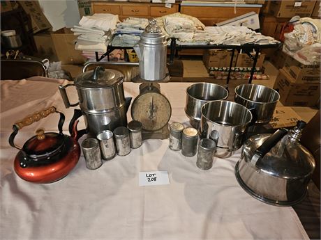 Mixed Kitchen Lot:Drop Pot & Parts / Tea Kettles / Old Scale & More
