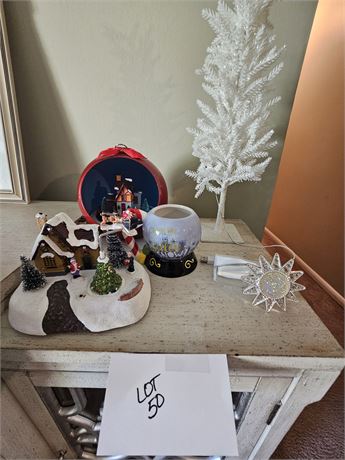 Mixed Christmas Lot: Small Animated, 21" Lighted Faux White Tree & More