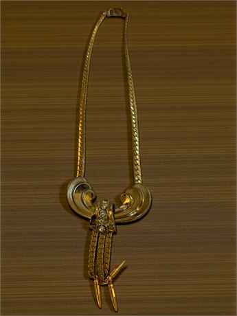 Coro Gold Tone Herringbone Chain Bow/Tassel Statement Necklace