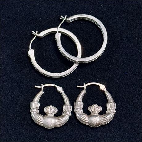 Two Pairs Sterling Silver 925 Hoop Earrings - Rhinestone and Claddagh