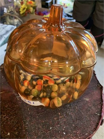 Vintage Glass Pumpkin Cookie Jar Full Of Vintage Marbles