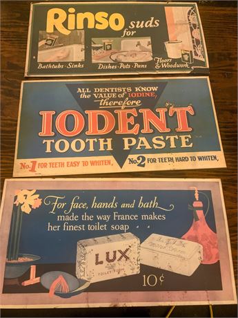 Cardboard Ad Signs Iodent Toothpaste, Lux Soap, Rinso Suds