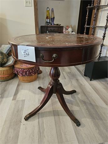 Antique Wood Drum Side Table With Leather Top