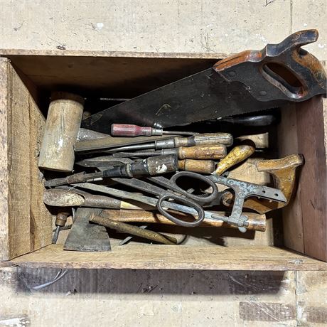 Vintage Mixed Hand Tool Lot in Wood Crate