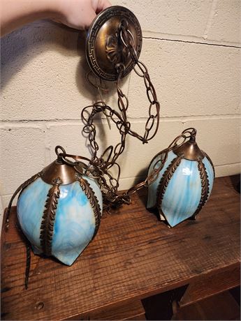 Beautiful Blue/White Double Tulip Slag Glass Hanging Light Fixture