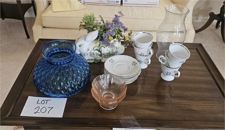 Mixed Decor- Depression Pink Sherberts, Blue Glass Quilted Shade, Teacup, Saucer