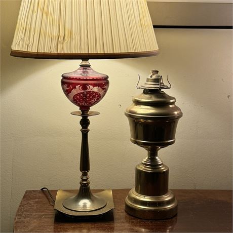 Vintage Glass/Brass Table Lamp and Brass Eagle Oil Lamp