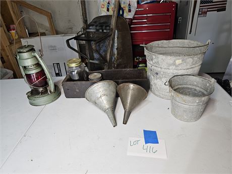 Mixed Primitive Lot:Galvanized Bucket/Embury Little Air Red Glass Lantern & More