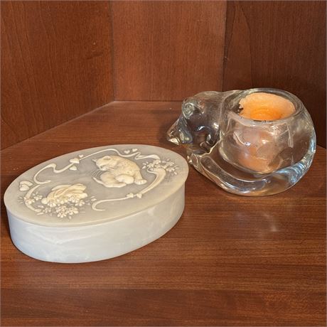Carved Incolay Covered Trinket Box and Figural Glass Cat Candle Holder