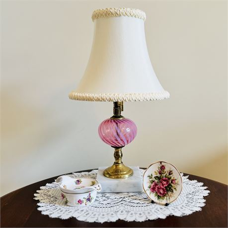 Cranberry Glass Boudoir Lamp and Tabletop Decoratives