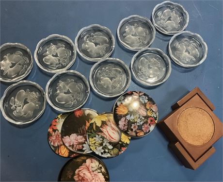 Val Saint Lambert Crystal Coaster Set, Vintage Wood Coaster Set