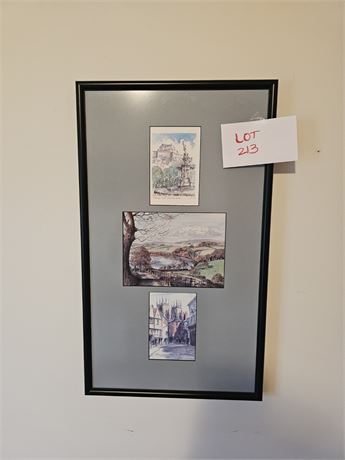 Ink Wash Style Trio Paintings In Frame English Subject Matter