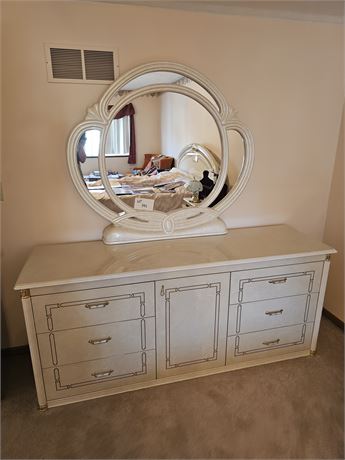 High Gloss White Gold Trim Wood Dresser With Mirror