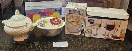 Mixed Kitchen Lot- Wine Glasses, Tureen & More