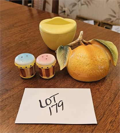 Ceramic Orange Wall Pocket, Drum S&P Shakers, Yellow Melmac Sugar Bowl